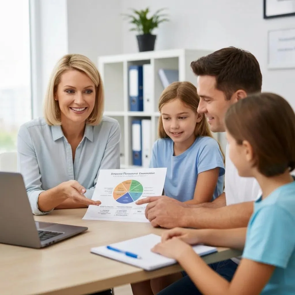 A Financial Counselor Reviewing Treatment Payment Options With A Family In A Welcoming Office
