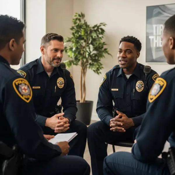 First Responders In A Supportive Group Therapy Session, Emphasizing Healing And Camaraderie