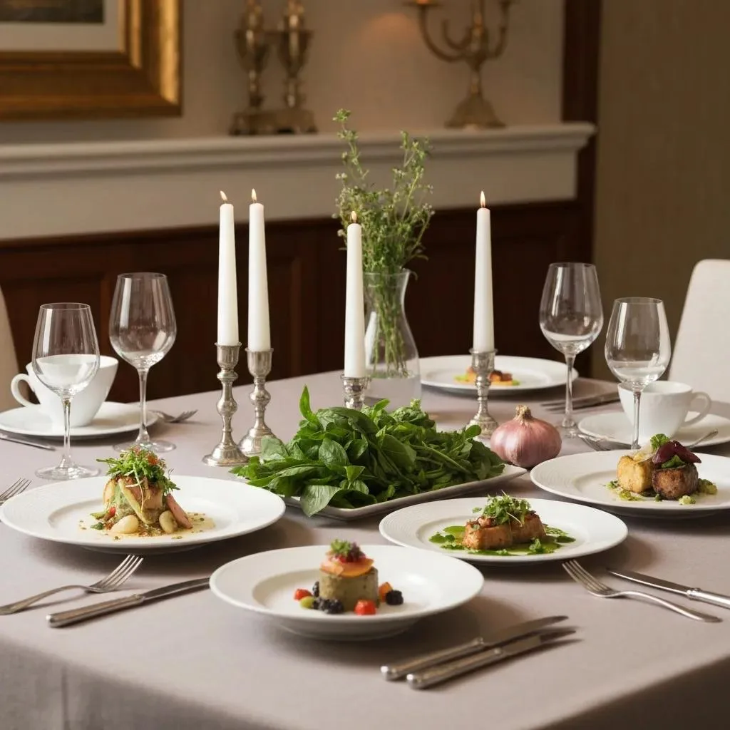 Discover Unique Amenities That Elevate Top Addiction Treatment Centers In Las Vegas Gourmet dining table set with chef-prepared dishes, fresh greens, elegant candles, and fine dining utensils, highlighting nutrition-focused meals in a luxury rehab center.