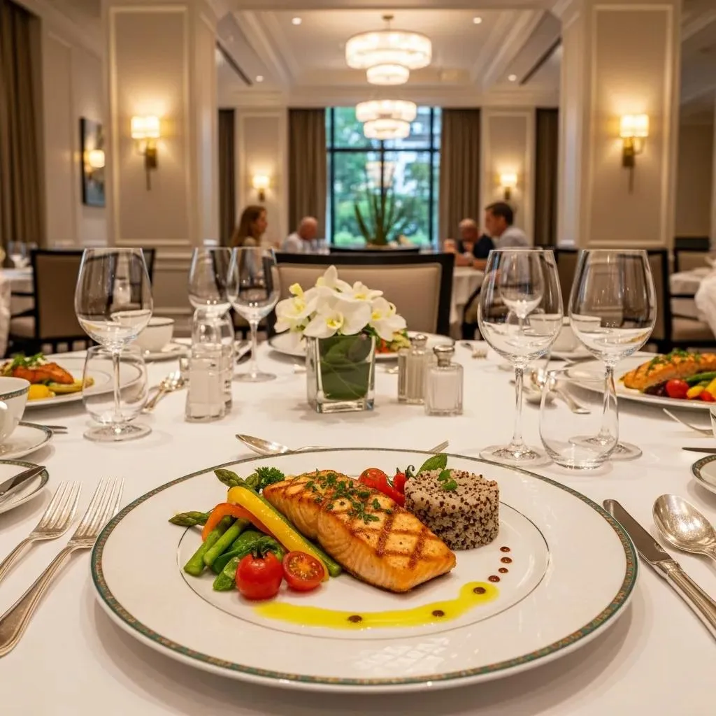 Chef-Prepared, Nutrient-Rich Plate (Grilled Salmon And Vegetables) In A Luxury Rehab Dining Setting