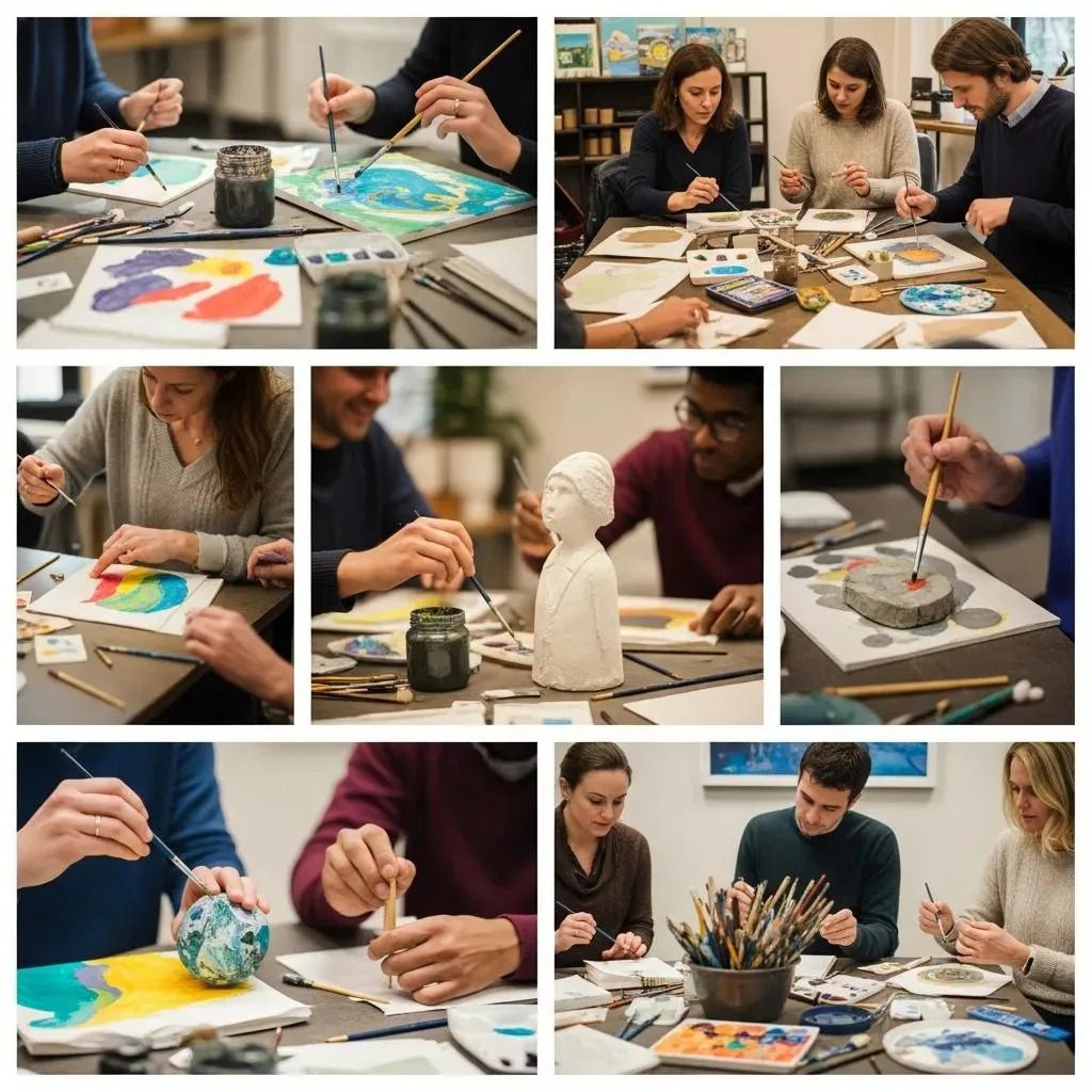 Art Therapy In Addiction Recovery Las Vegas Group art therapy session at BetterChoice Treatment Center, participants engaged in painting, sculpting, and journaling, illustrating diverse expressive techniques for addiction recovery.