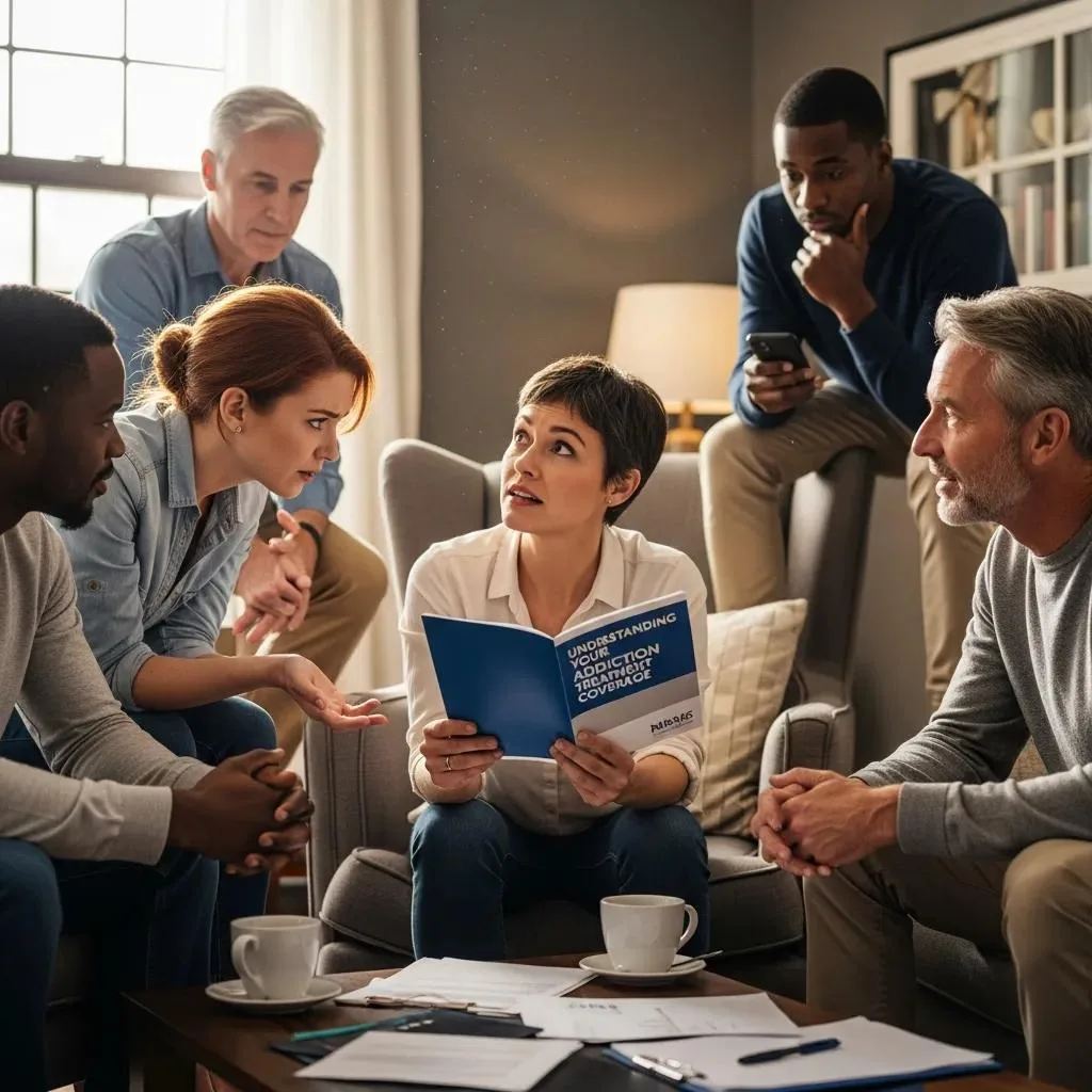 Out-Of-Network Benefits For Addiction Treatment Group discussion on out-of-network addiction treatment options, featuring diverse individuals engaging with a brochure titled "Understanding Your Addiction Treatment Coverage," amidst a cozy setting with coffee cups and paperwork.