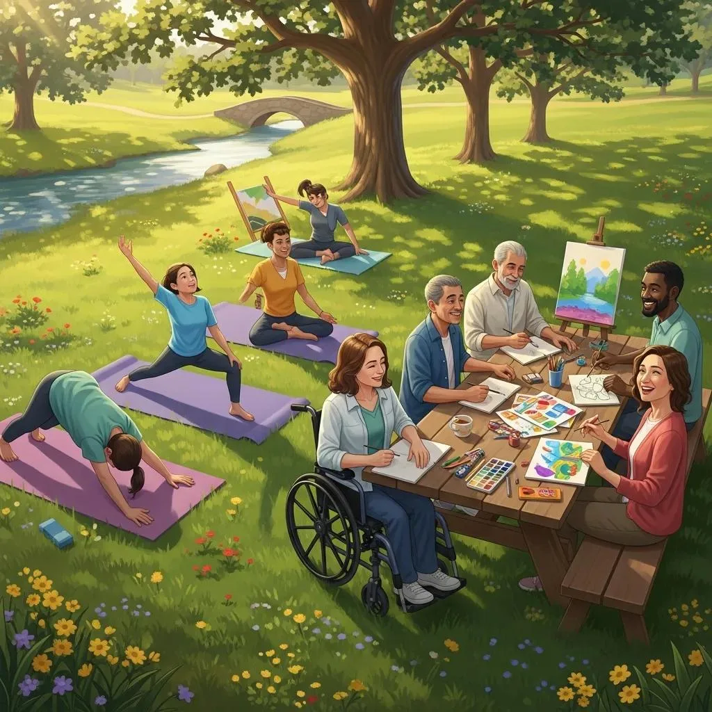 Recreational Activities In Addiction Treatment Group engaging in recreational therapy activities outdoors, including yoga, painting, and social interaction, promoting healing and community support for addiction recovery.