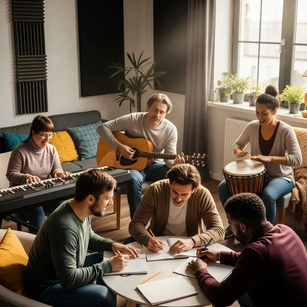 Group music therapy session with individuals engaging in songwriting and improvisation, utilizing instruments like guitar, keyboard, and drums to express emotions and enhance coping skills in a supportive environment.