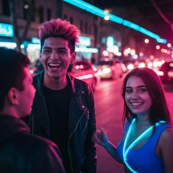 Blogs Group of diverse young adults smiling and sharing stories in a vibrant Las Vegas nightlife setting, illuminated by neon lights, reflecting themes of community and recovery.