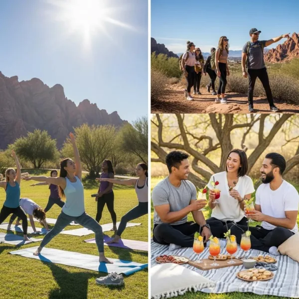 Group Of Diverse Individuals Enjoying Sober Activities In Las Vegas, Including Yoga And Mocktails