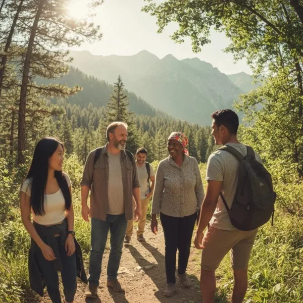 Group Of Diverse Individuals Hiking In Nature, Representing Outdoor Therapy For Mental Clarity And Addiction Recovery