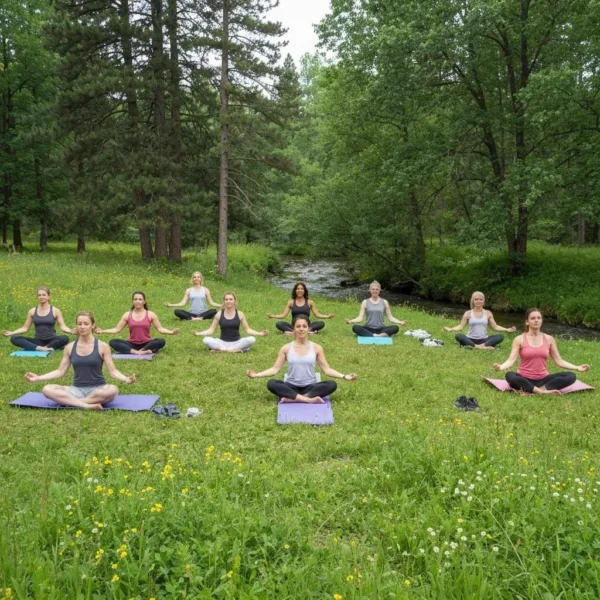 Group Of Diverse Individuals Practicing Gentle Exercises Outdoors, Symbolizing Recovery And Fitness