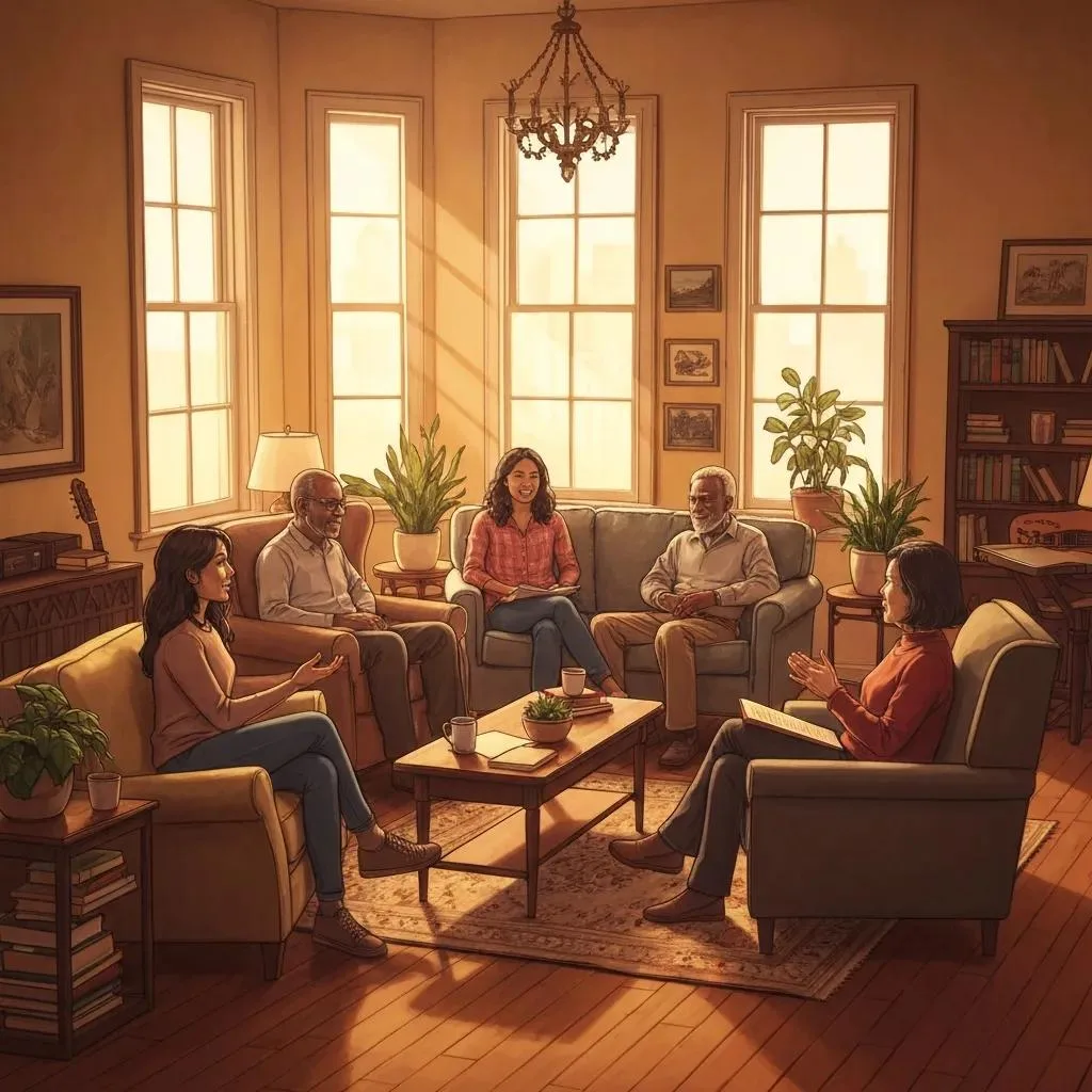 Group of diverse individuals sharing inspiring addiction recovery stories in a supportive environment, seated in a cozy room with natural light, discussing personal journeys and healing.