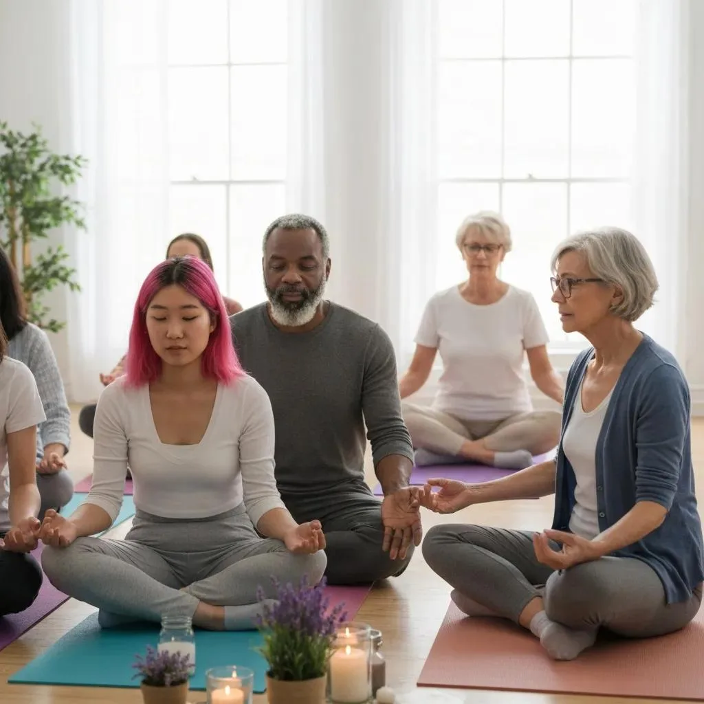Small Group Practicing Breathing And Grounding Exercises In A Workplace Workshop — Techniques For Maintaining Sobriety