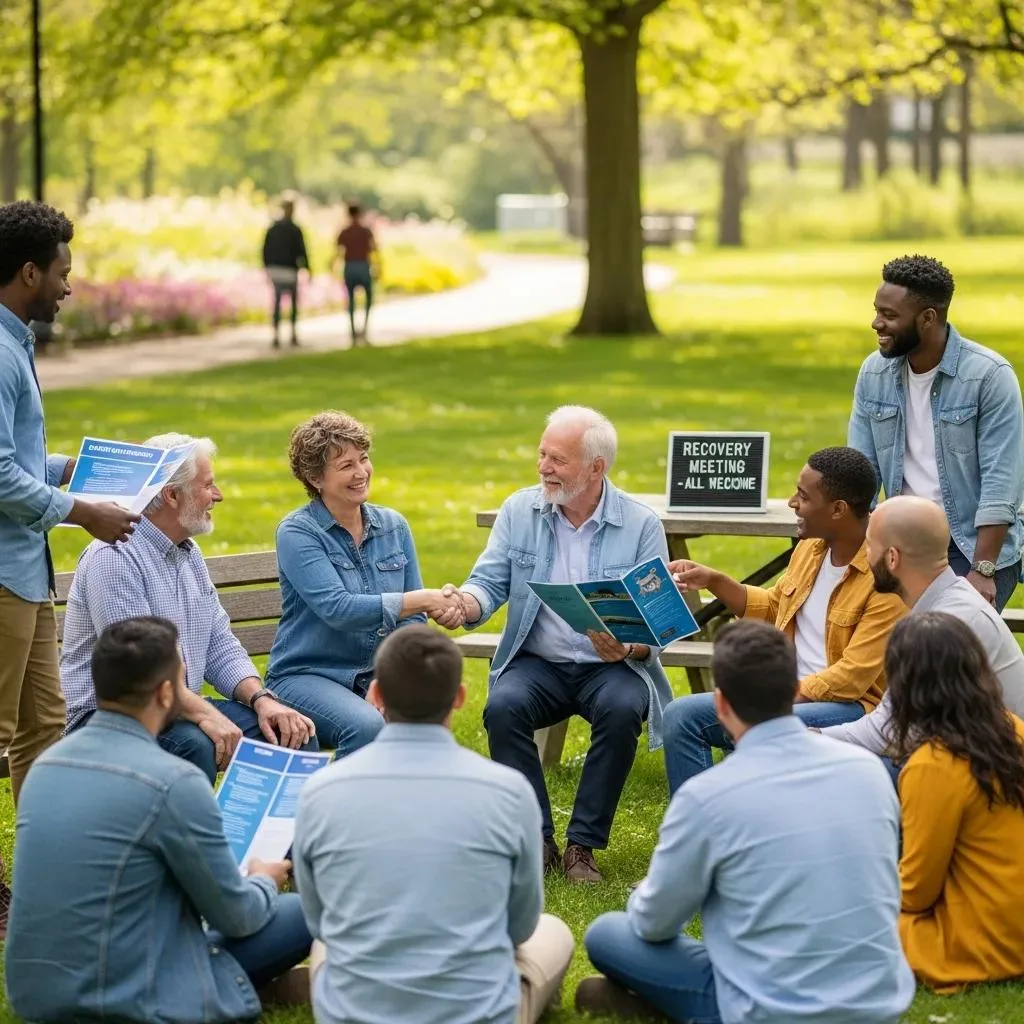 How To Find A Sponsor For Addiction Recovery Group of individuals in a recovery meeting outdoors, engaging in community support, with a sign reading "Recovery Meeting - All Welcome," reflecting the importance of finding sponsors in addiction recovery.