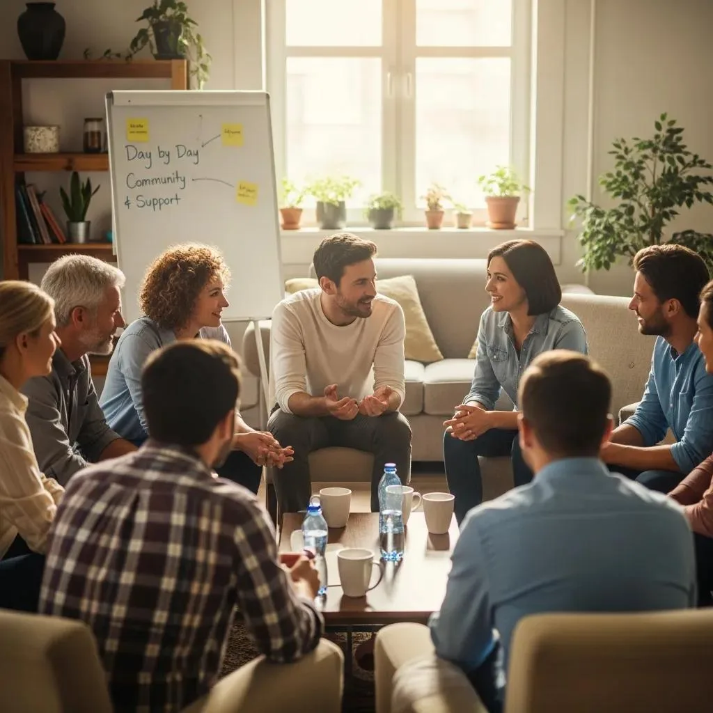 Sober Living Homes: Support After Inpatient Rehab Group of individuals in a sober living home engaged in a supportive meeting, fostering peer connection and encouragement, with a focus on community and recovery support.