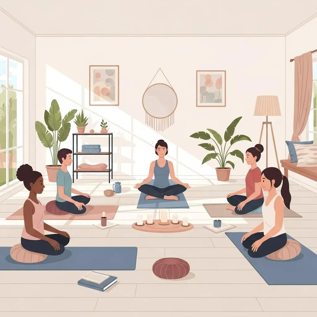 Small Group Practicing Gentle Yoga And Breathwork To Support Relaxation During Alcohol Withdrawal Recovery