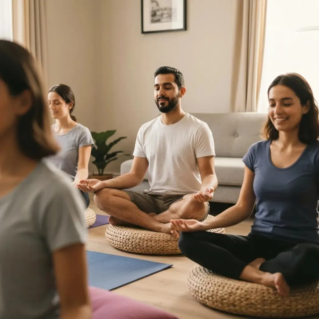 Small Group Practicing Mindful Breathing Together In A Calm, Supportive Setting