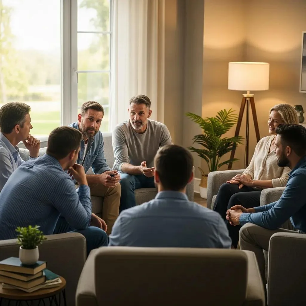 Men In A Supportive Therapy Group, Illustrating The Benefits Of Gender-Specific Rehab
