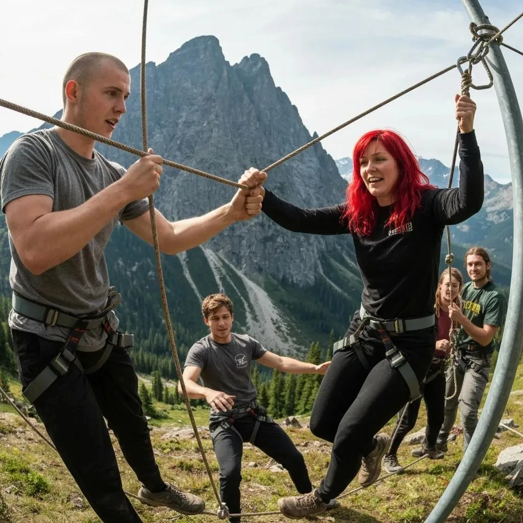 Group participating in wilderness therapy activities, demonstrating teamwork and resilience in a mountainous landscape, with individuals engaged in a rope challenge.