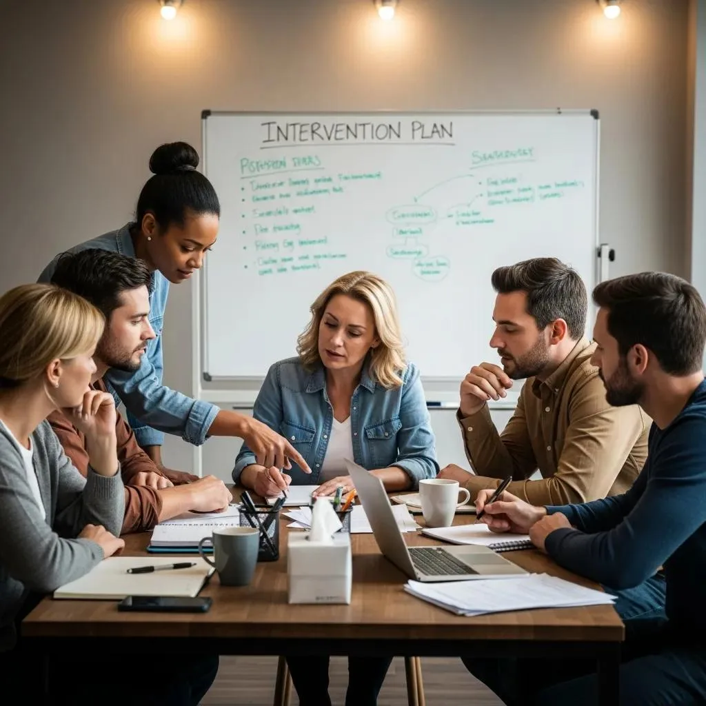 A Small Group Preparing For An Intervention, Emphasizing Teamwork And Careful Planning