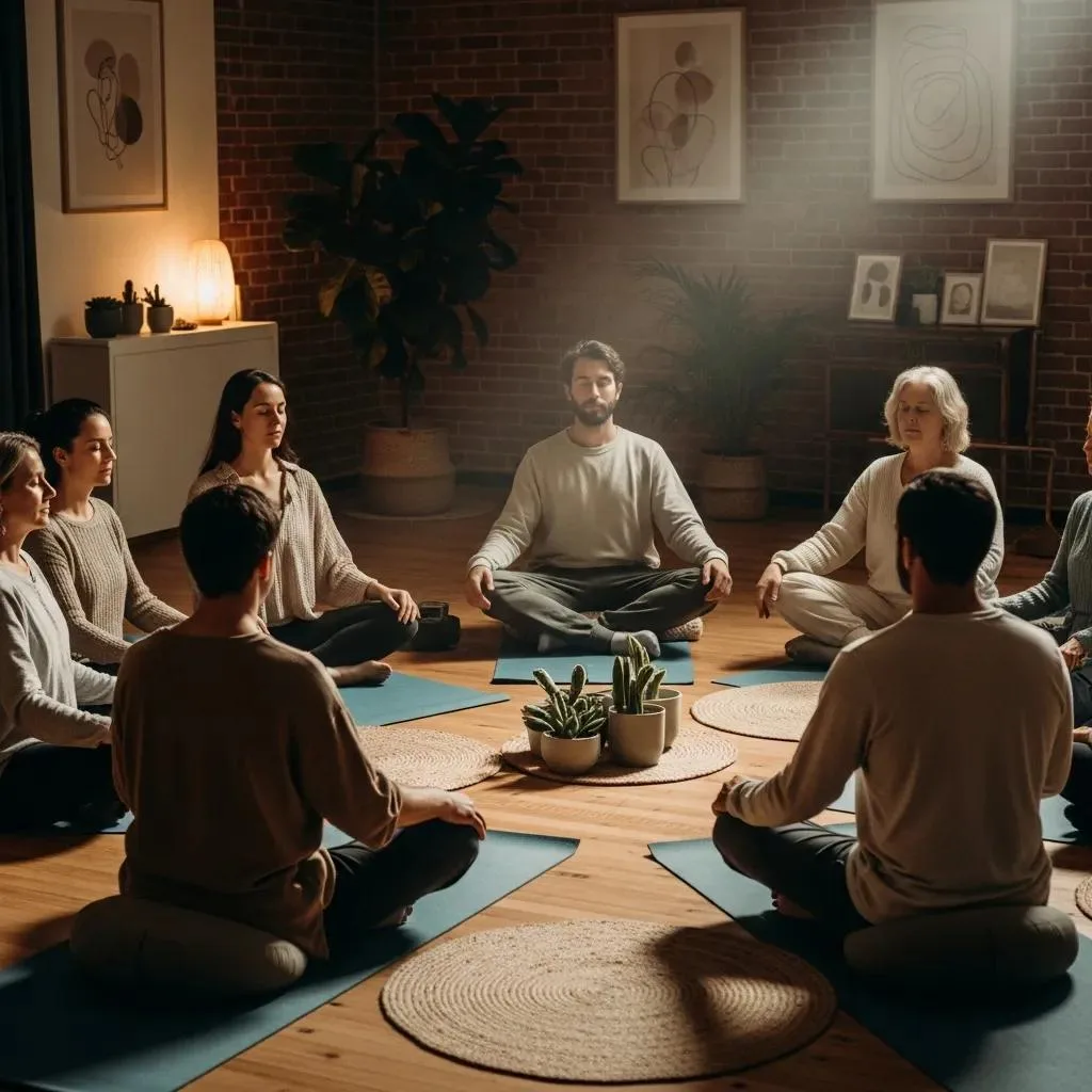 Meditation In Recovery: Reducing Stress &Amp; Cravings Group practicing mindfulness meditation in a serene setting, emphasizing community support in addiction recovery, with individuals seated on yoga mats surrounded by plants and natural light.