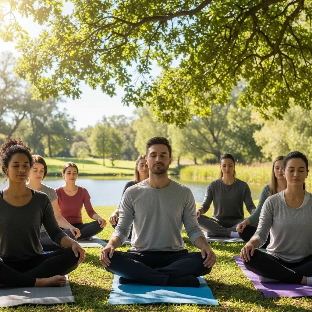Relapse Prevention Strategies For Long-Term Sobriety Group practicing mindfulness outdoors, seated on yoga mats by a serene lake, promoting coping strategies for sustained sobriety and emotional well-being.