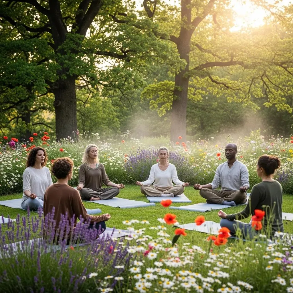 Coping With Loneliness In Addiction Recovery Group practicing yoga in a serene outdoor setting, surrounded by colorful flowers, illustrating holistic therapies for emotional well-being and social connection.