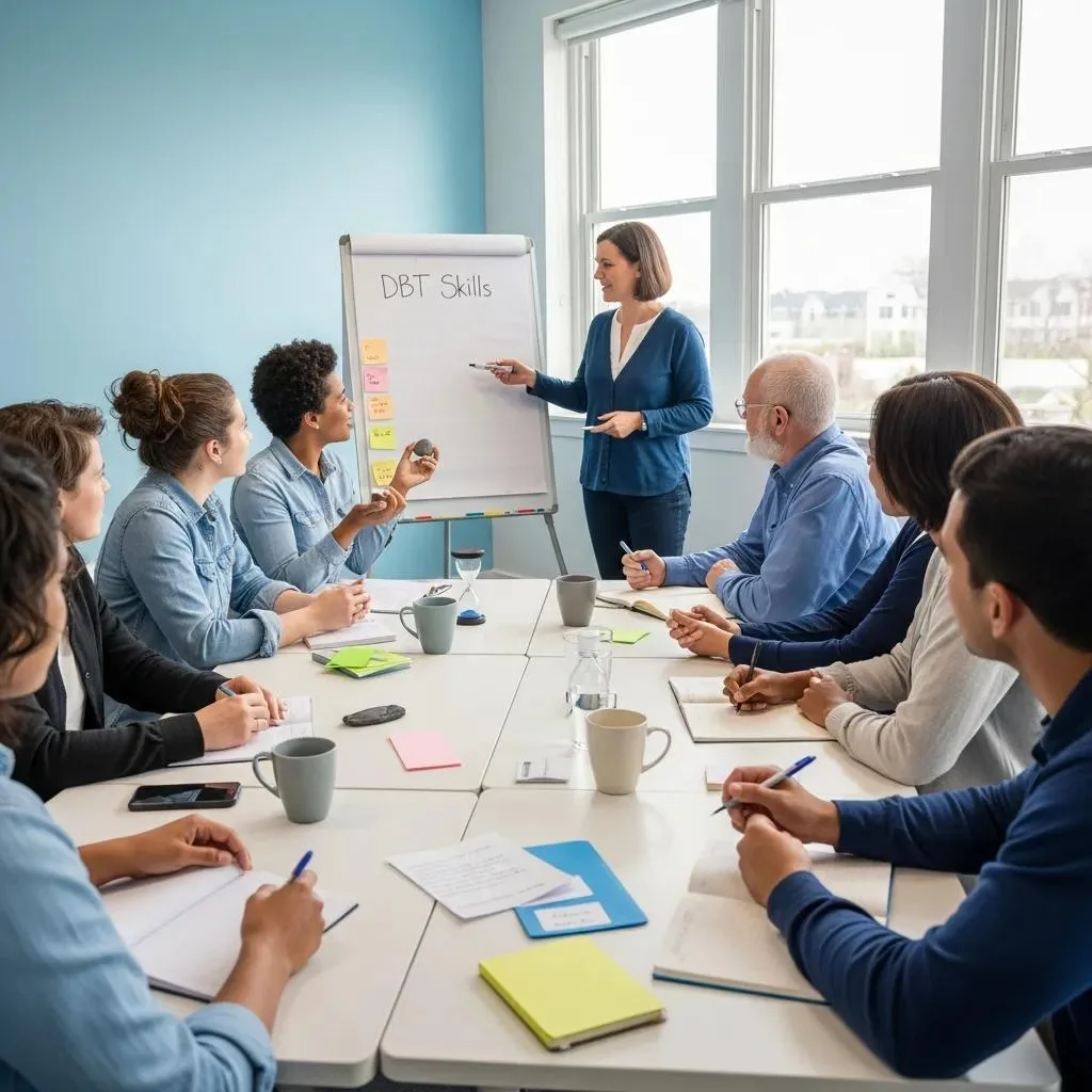 Group Dbt Skills Session With Participants Practicing Mindfulness And Regulation Techniques