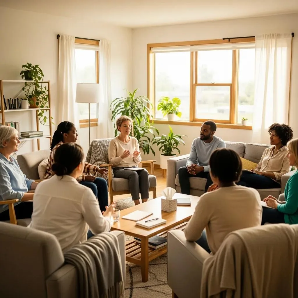 Dopamine &Amp; Addiction: The Brain'S Reward System Group Therapy Session At A Treatment Center, Illustrating A Supportive Environment For Addiction Recovery