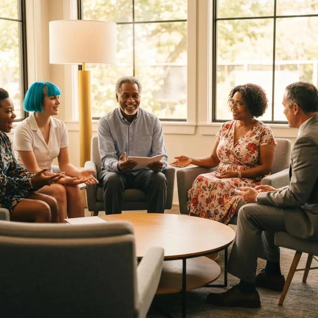 Group therapy session at BetterChoice Treatment Center, showcasing supportive environment, diverse participants engaged in discussion, emphasizing holistic and evidence-based care for alcohol rehab.