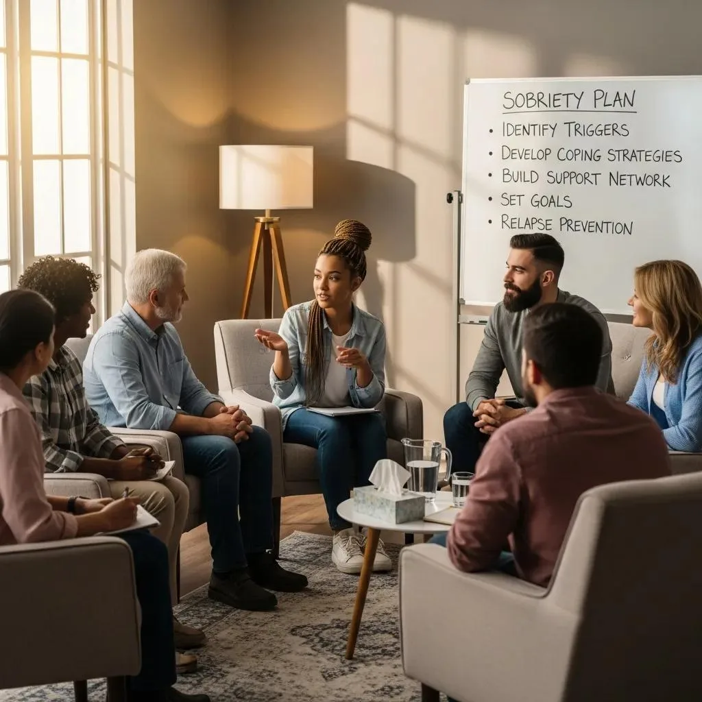 A Group Therapy Session Where Participants Discuss Key Elements Of A Sobriety Plan And Support One Another