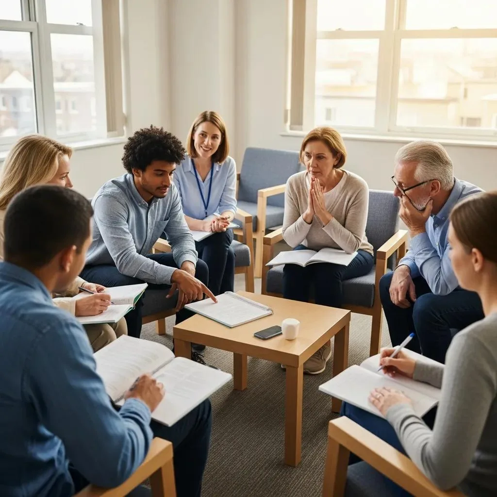 Group therapy session focused on practicing DBT skills for addiction recovery, participants engaged in discussion and skill-building exercises.