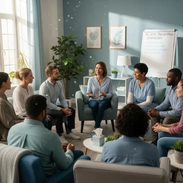 Blogs Group therapy session focused on relapse prevention strategies in a supportive environment, featuring a clinician leading a discussion with participants in a cozy, well-lit room.