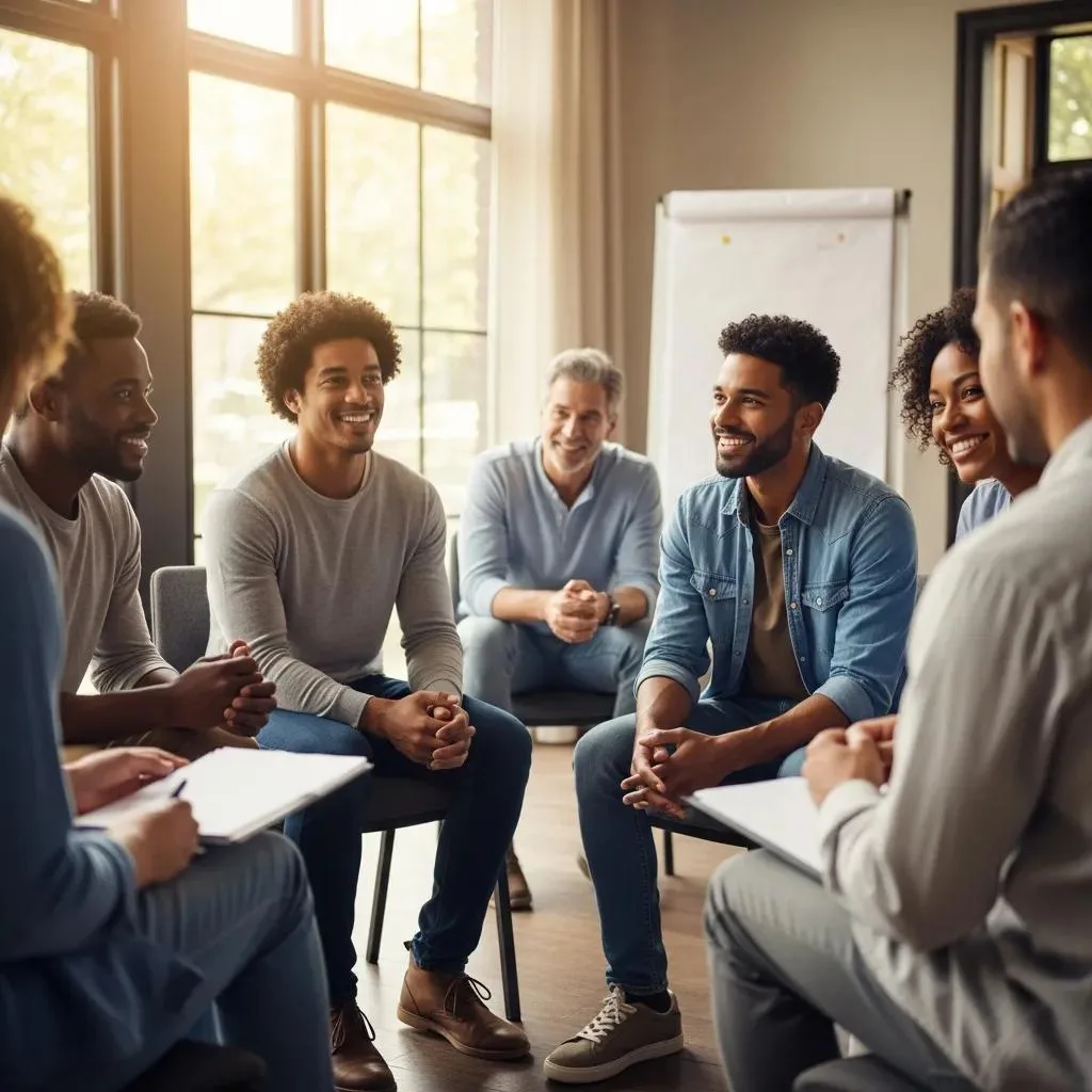Building Resilience: Overcoming Challenges In Recovery Group therapy session focused on resilience in addiction recovery, featuring diverse participants engaged in supportive conversation and emotional connection.