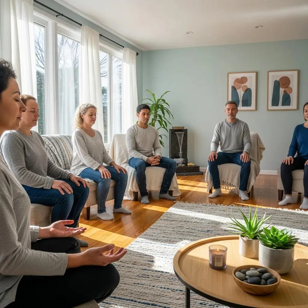 Effective Meth Detox Programs In Las Vegas, Nv Group therapy session focusing on mindfulness exercises in a bright, calming environment, featuring participants seated in a circle, practicing relaxation techniques, with plants and a candle on a table.