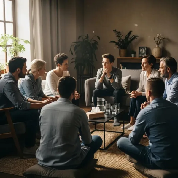 Blogs Group therapy session for addiction recovery, emphasizing community support and connection, with participants engaged in discussion in a comfortable, supportive environment.