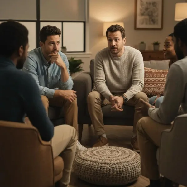 Group Therapy Session For Addiction Recovery Showcasing Diverse Individuals In A Supportive Environment