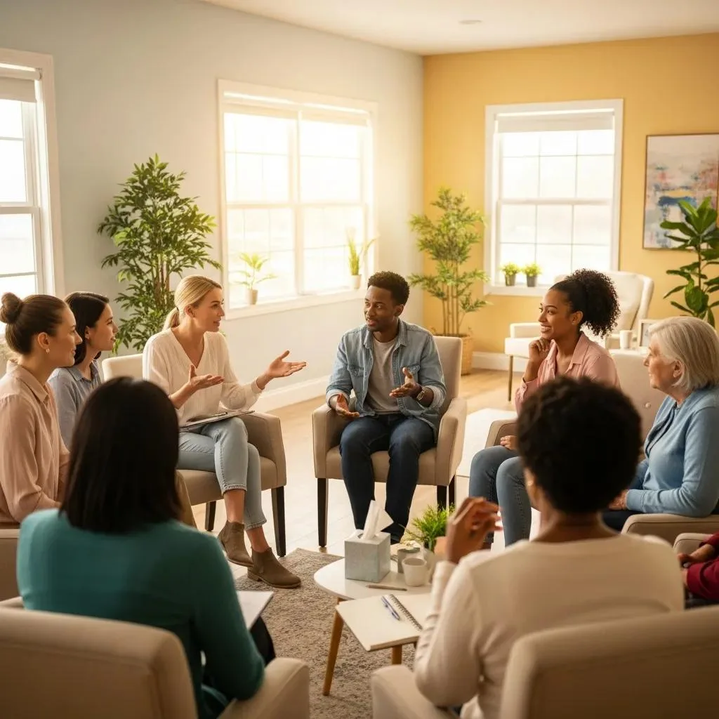 Group Therapy Session For Addiction Recovery With Participants Sharing And Supporting Each Other