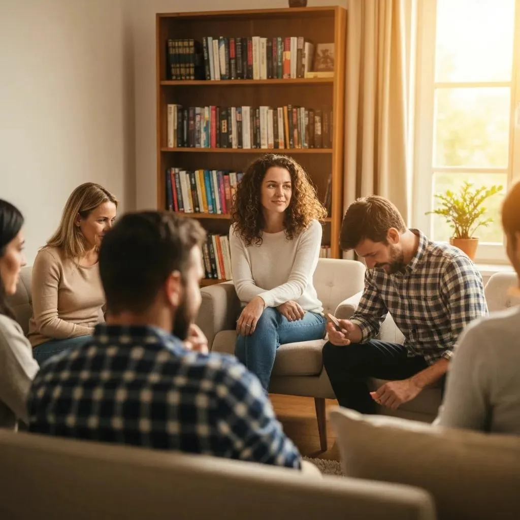 Group therapy session for cocaine addiction recovery, participants engaged in discussion, emphasizing emotional support and healing, warm lighting, bookshelves in background.