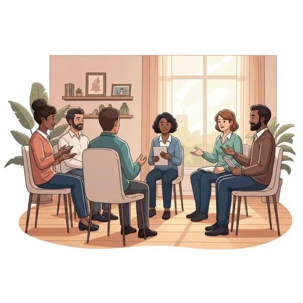 Blogs Group therapy session for drug addiction recovery in a supportive environment, featuring diverse individuals engaged in discussion and sharing experiences.