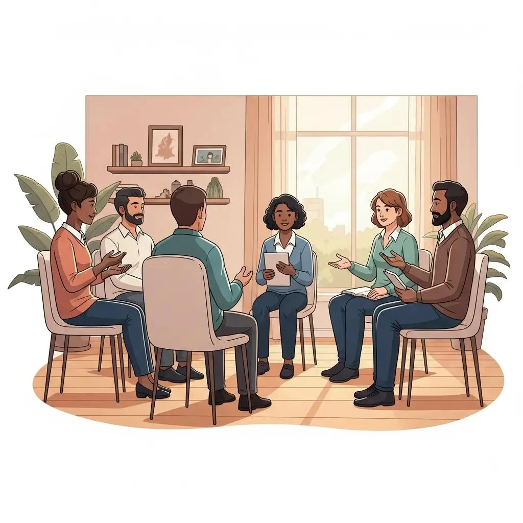 Drug Addiction Treatment Programs - Comprehensive Recovery Options Group therapy session for drug addiction recovery, featuring diverse participants engaged in discussion in a supportive environment, emphasizing community and shared experiences.