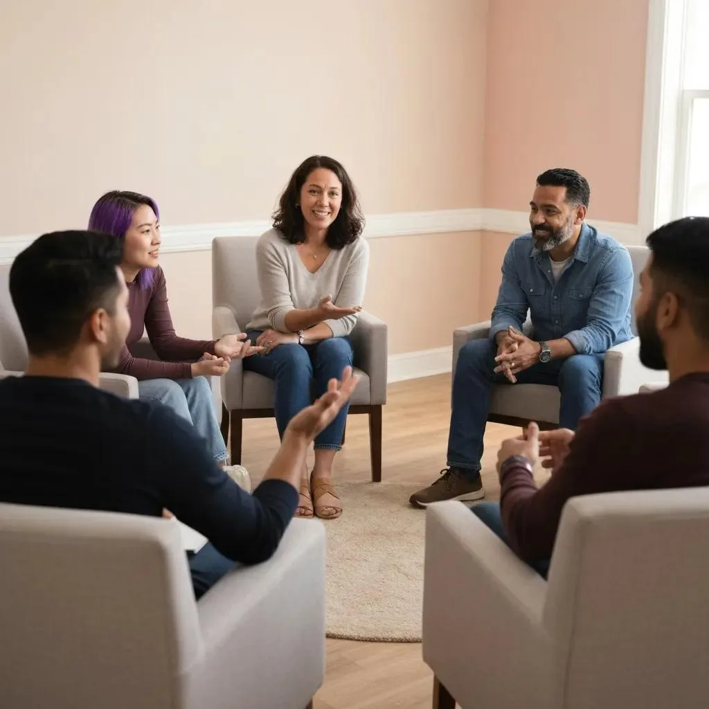Group Therapy Session At A Treatment Center, Showing People Supporting Each Other In Recovery