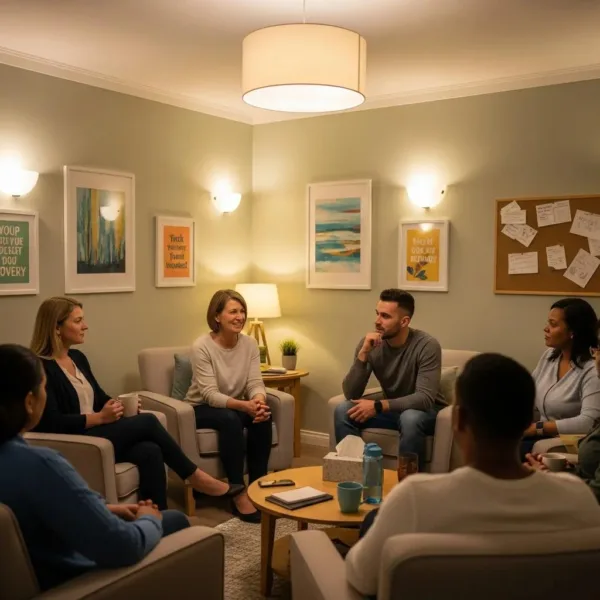 Group Therapy Session For Meth Addiction Recovery In A Warm, Inviting Environment
