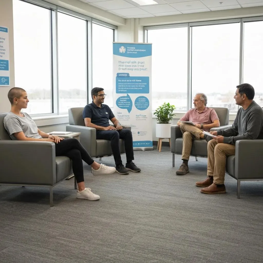 Group therapy session for outpatient fentanyl treatment, featuring diverse participants engaged in discussion in a bright, professional setting, with informational banner highlighting treatment options.