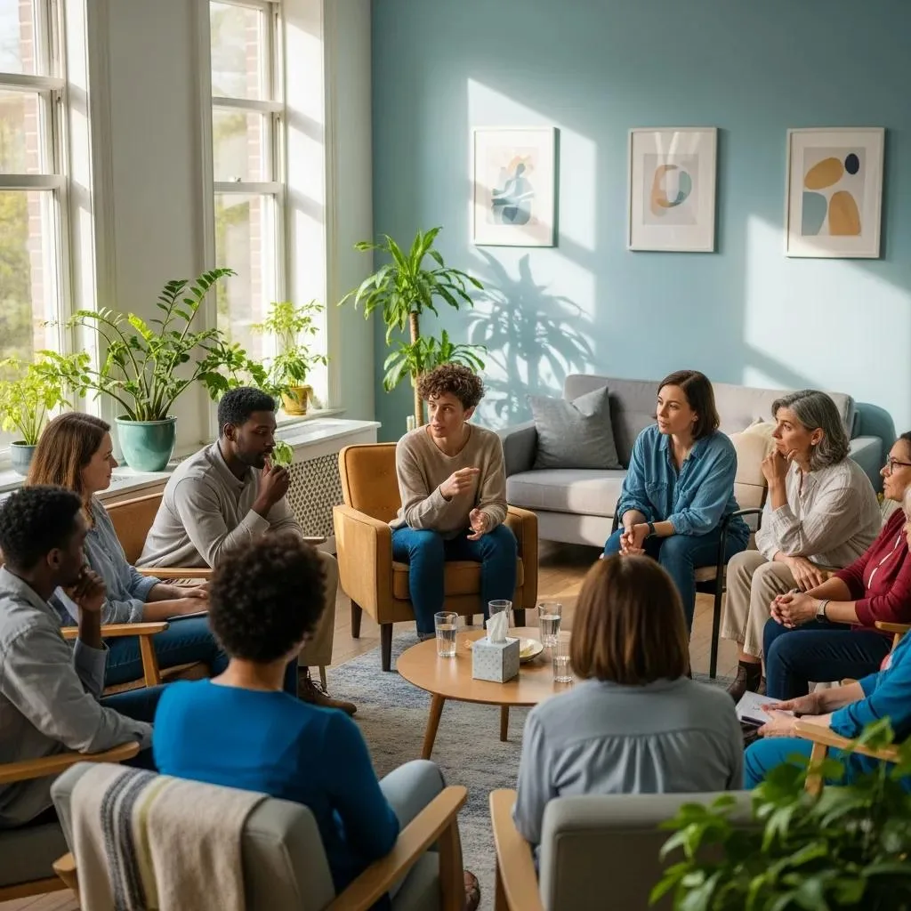Group therapy session in a bright, inviting room, featuring diverse participants engaged in discussion, emphasizing community support in addiction recovery at BetterChoice Treatment Center.