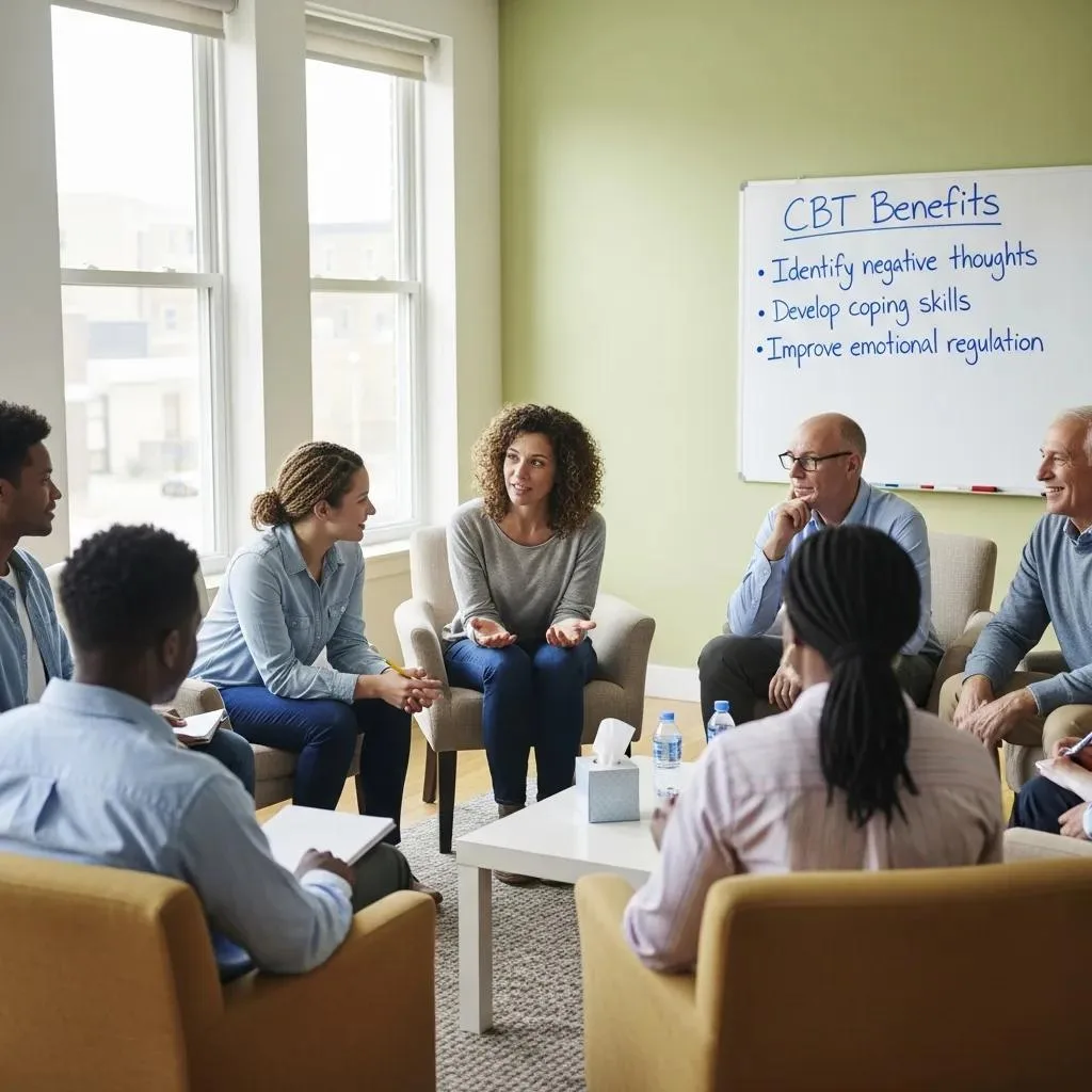 Cbt For Addiction Treatment &Amp; Recovery Group therapy session discussing Cognitive Behavioral Therapy (CBT) benefits, including identifying negative thoughts, developing coping skills, and improving emotional regulation, with participants engaged in conversation in a comfortable setting.