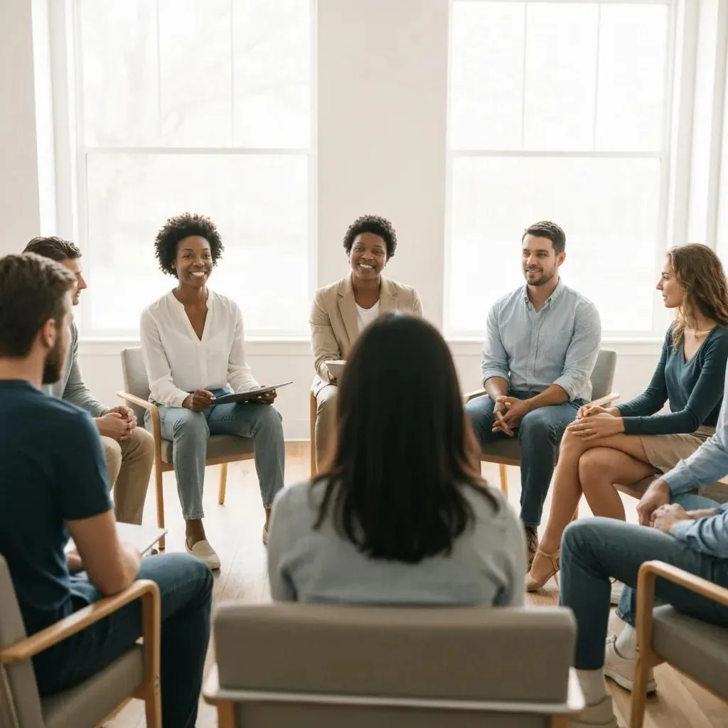 Understanding Alcohol Detox Options In Las Vegas Group therapy session with diverse participants engaged in discussion, highlighting the supportive environment of medically supervised detox for alcohol addiction recovery.