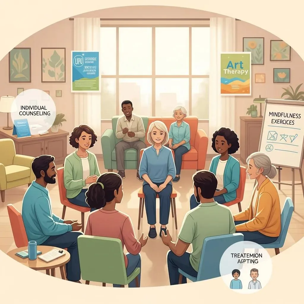 Group therapy session focused on addiction treatment, featuring diverse participants engaged in mindfulness exercises, individual counseling, and art therapy in a supportive environment.