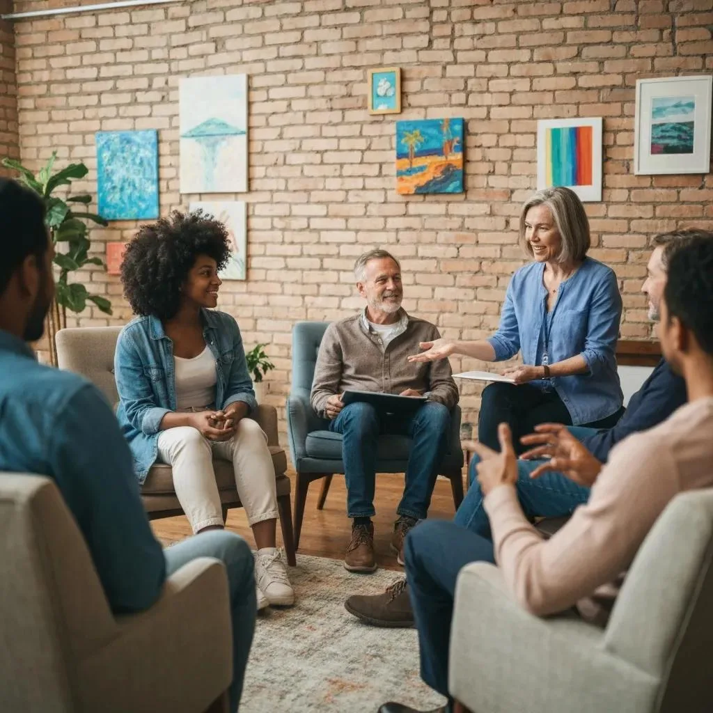 Group Therapy Setting Showing Integrated Care For Co-Occurring Adderall Addiction And Mental Health Conditions