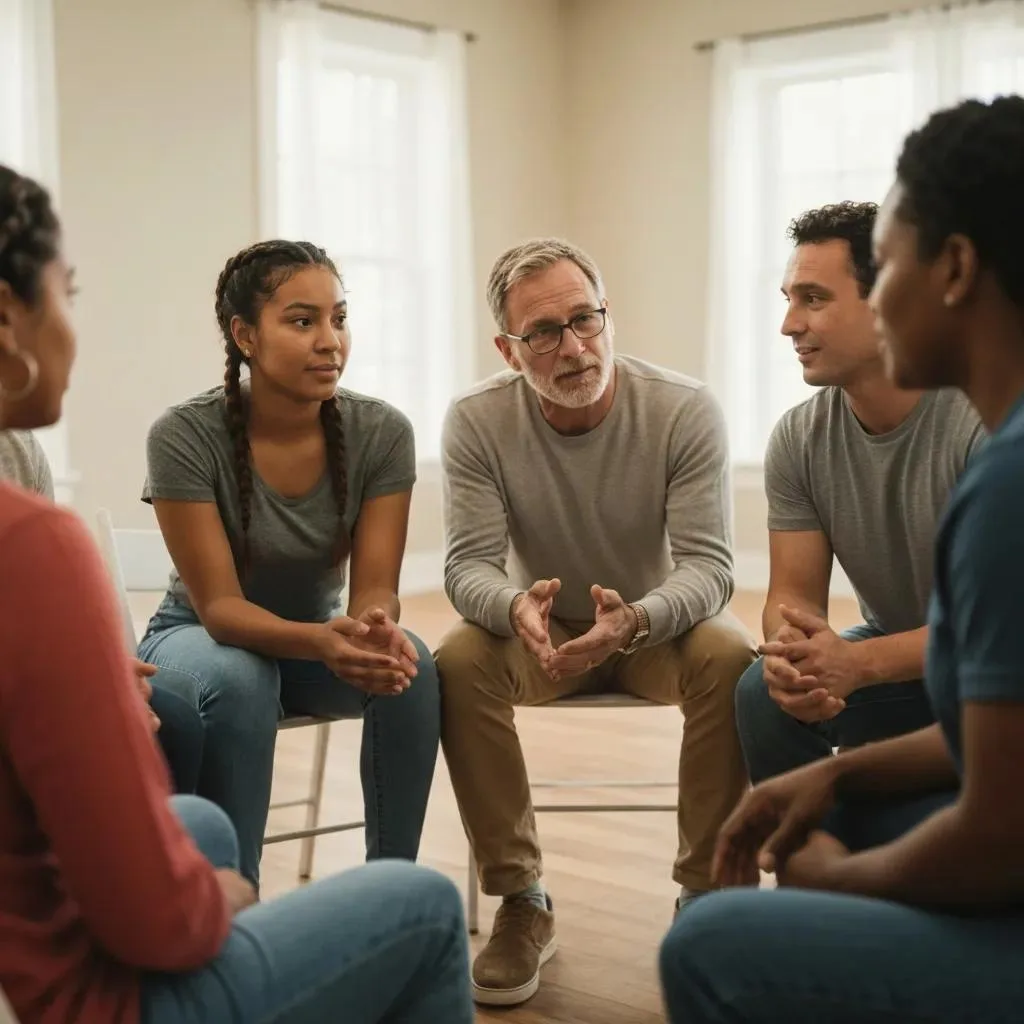Group therapy session at BetterChoice Treatment Center, individuals engaging in discussion, emphasizing support and connection in addiction recovery.