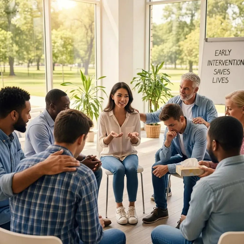 Early Intervention For Addiction: Why It Matters Group therapy session focused on early intervention in addiction treatment, featuring a diverse group of participants engaged in discussion, with a whiteboard displaying "EARLY INTERVENTION SAVES LIVES."