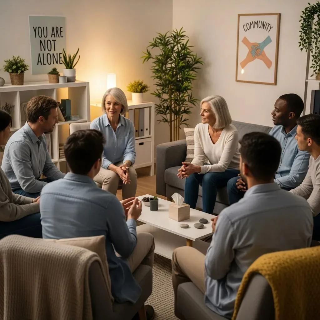 A Small Group In Therapy, Showing Peer Support And Shared Recovery Work