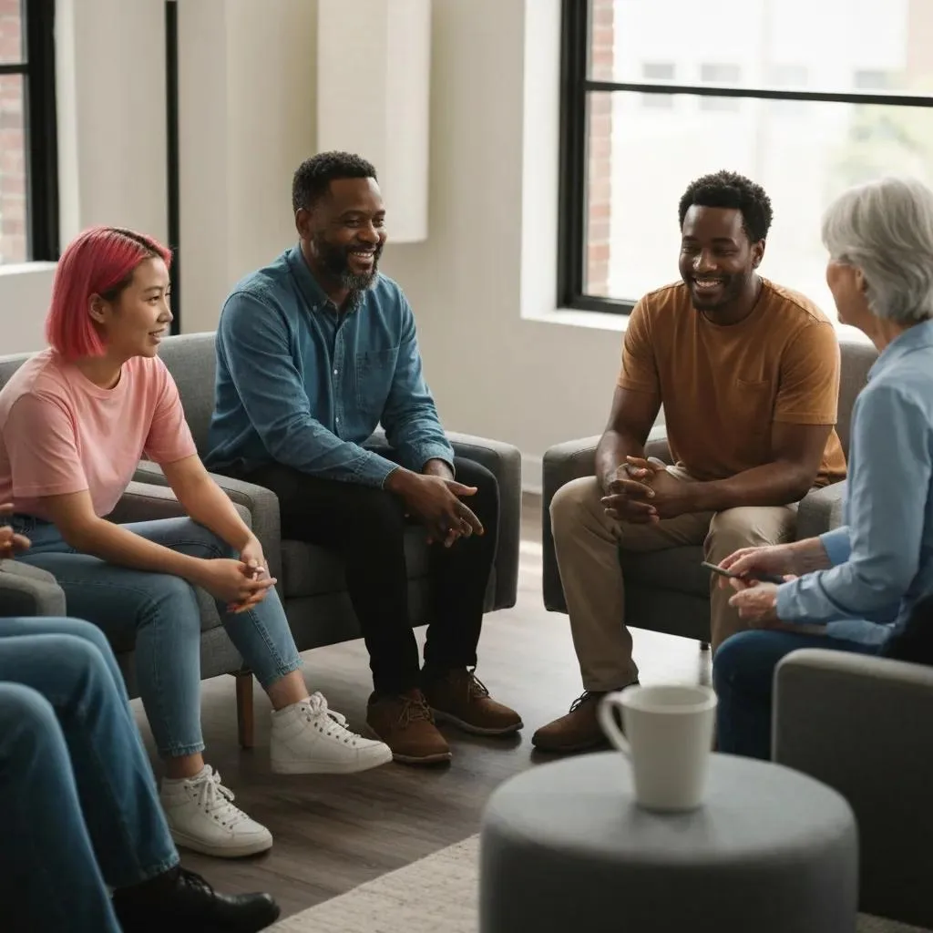 Importance Of Accreditation For Addiction Treatment Centers Group therapy session at BetterChoice Treatment Center, showcasing diverse individuals engaged in discussion, emphasizing the supportive environment of addiction treatment and the importance of accreditation for quality care.